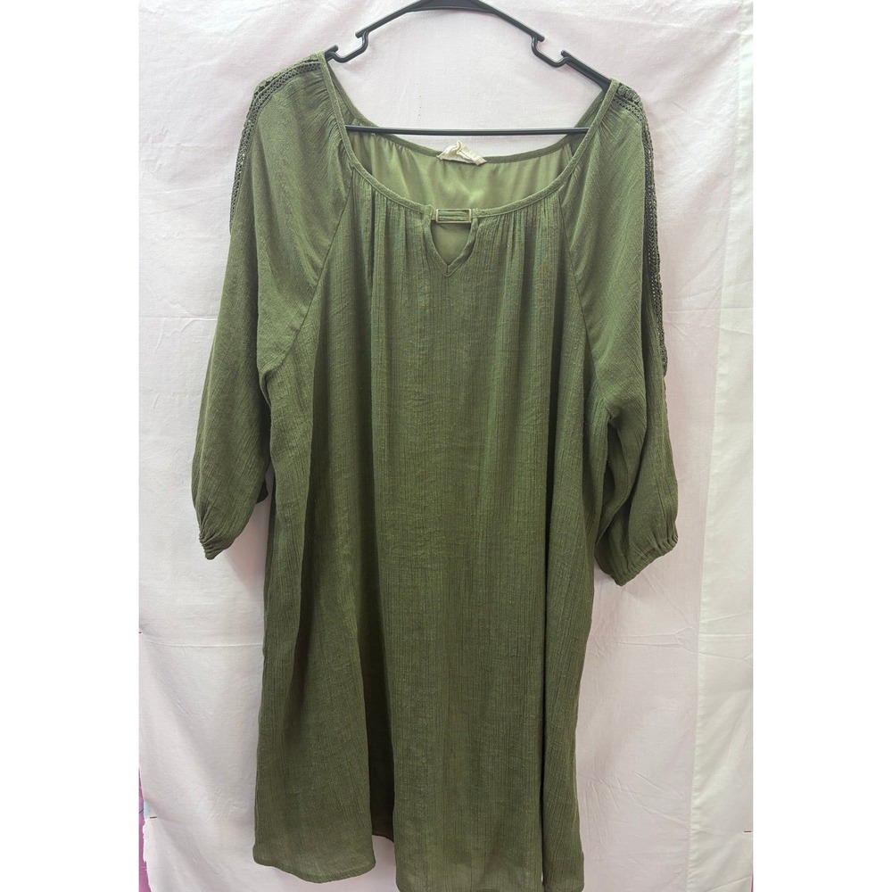 Just Found Olive Green Lace Trim Shift Dress 3X Textured Gauze Boho PDG2073